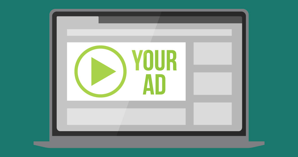 Illustration of laptop with online video advertising icon on the screen
