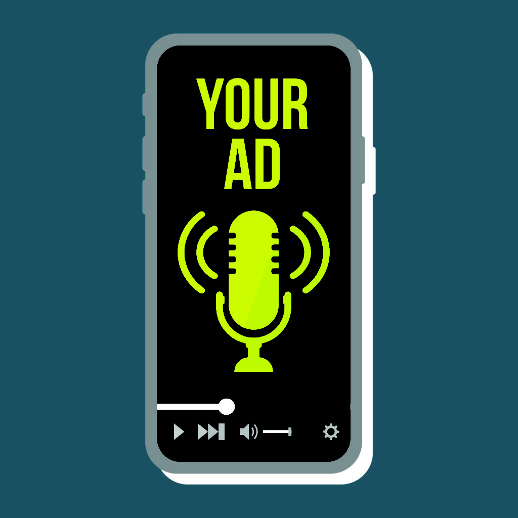 Illustration of smartphone with streaming audio advertising image on the screen