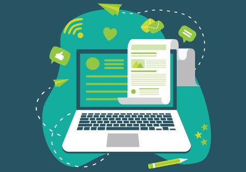 Holland-Adhaus-SEO Illustration of laptop surrounded by different icons such as envelopes and like buttons, representing SEO services
