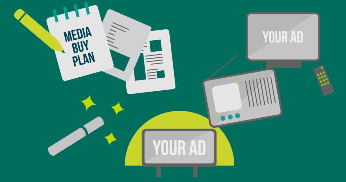 Different illustrations on green background representing the media planning process, including a TV, radio, notebook, and pencil
