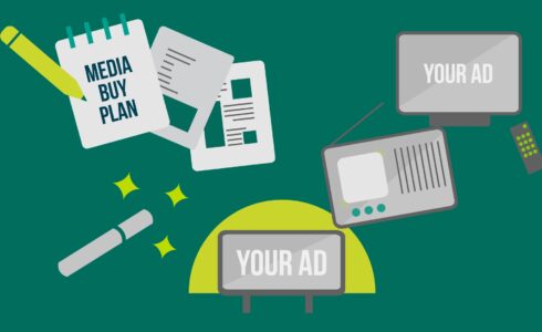 Different illustrations on green background representing the media planning process, including a TV, radio, notebook, and pencil