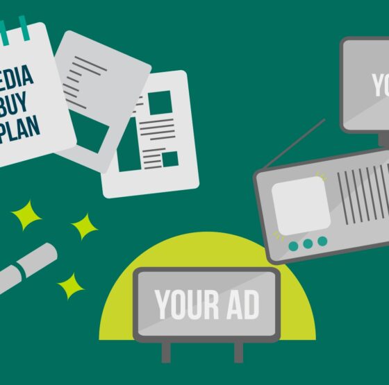 Different illustrations on green background representing the media planning process, including a TV, radio, notebook, and pencil