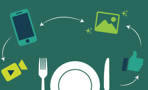 Icons of video camera, phone, photo, like button, and plate with fork and knife, representing snackable content.