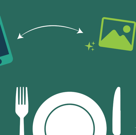 Icons of video camera, phone, photo, like button, and plate with fork and knife, representing snackable content.