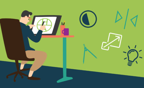 Illustration of man sitting and designing a good logo