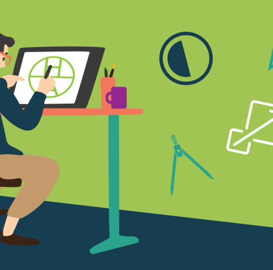 Illustration of man sitting and designing a good logo