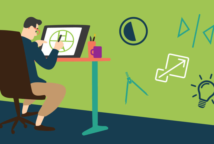 Illustration of man sitting and designing a good logo