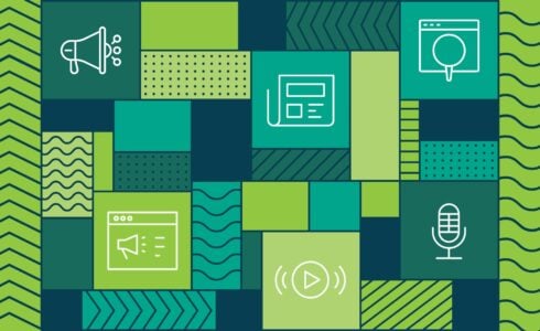 Decorative green background with icons representing a media mix