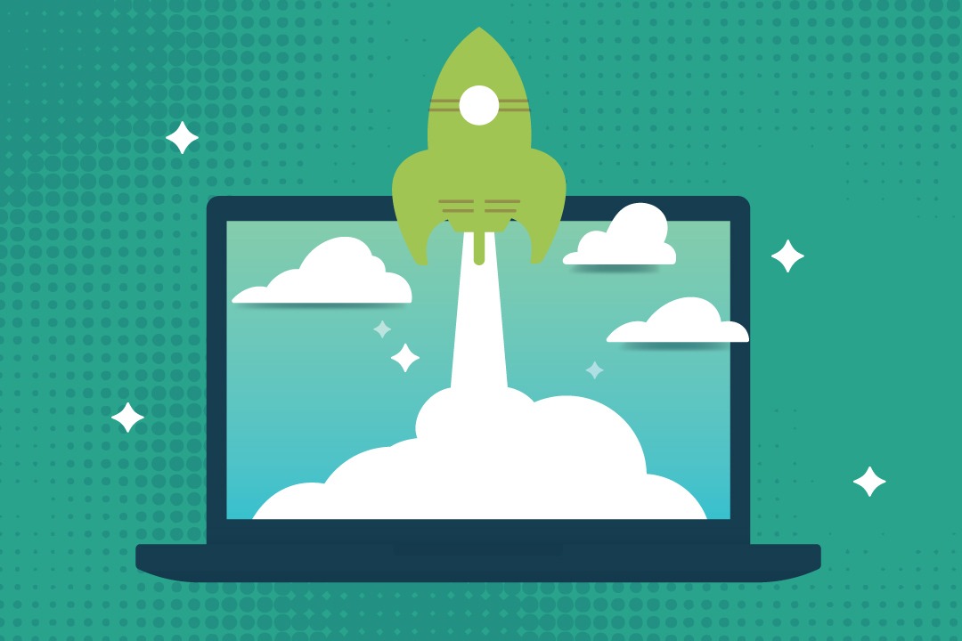 Blog_MasteringSERPFeatures A graphic of a rocket taking flight on a laptop