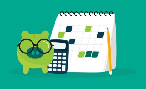 an illustration of a piggy bank, calculator and calendar