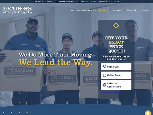A screenshot of the Leaders Moving homepage