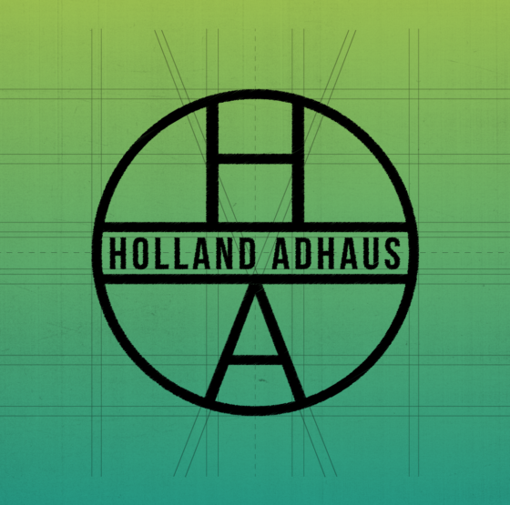 Holland Adhaus logo design process, illustrated with the agency’s own mark set on a structural grid